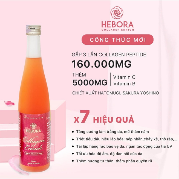 Nước Uống Hebora Collagen Enrich Damask Rose Water Chai 500ml