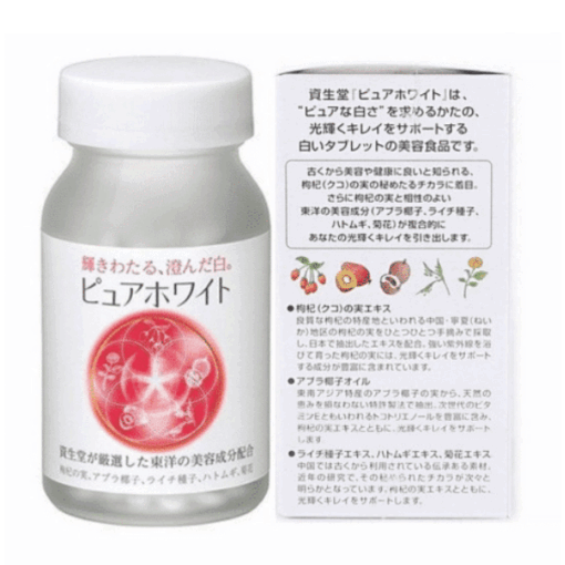 Viên Uống Pure White Shiseido chứa vitamin C giúp ức chế quá trình tổng hợp melanin, hỗ trợ làm sáng da.